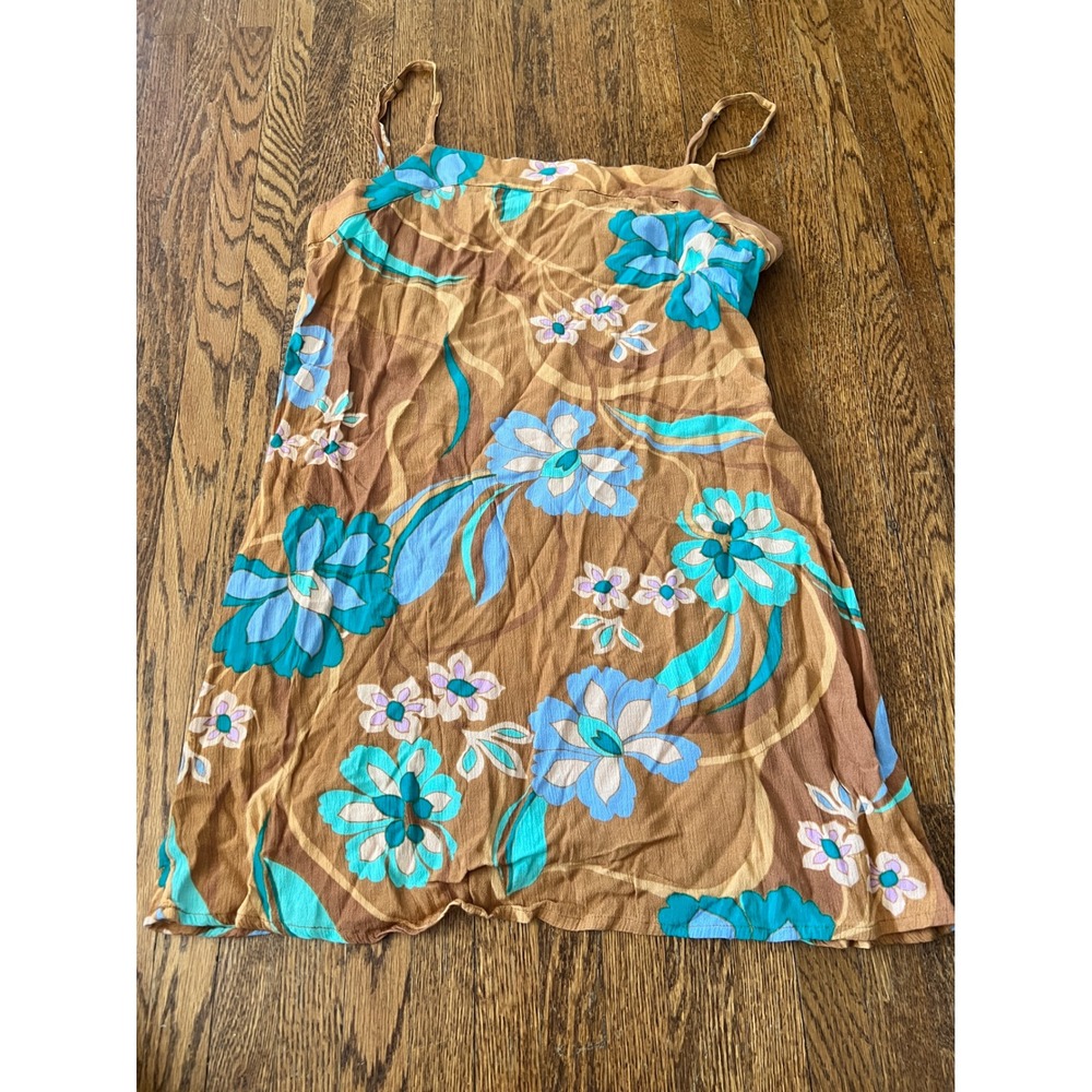 ONeill Womens Floral Mini Dress Tan Blue Tropical Viscose Sun Dress